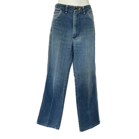 Vintage 70s Maverick High Rise Flare Medium Blue Denim Jeans Pants meas. 28x29 - Picture 2 of 9